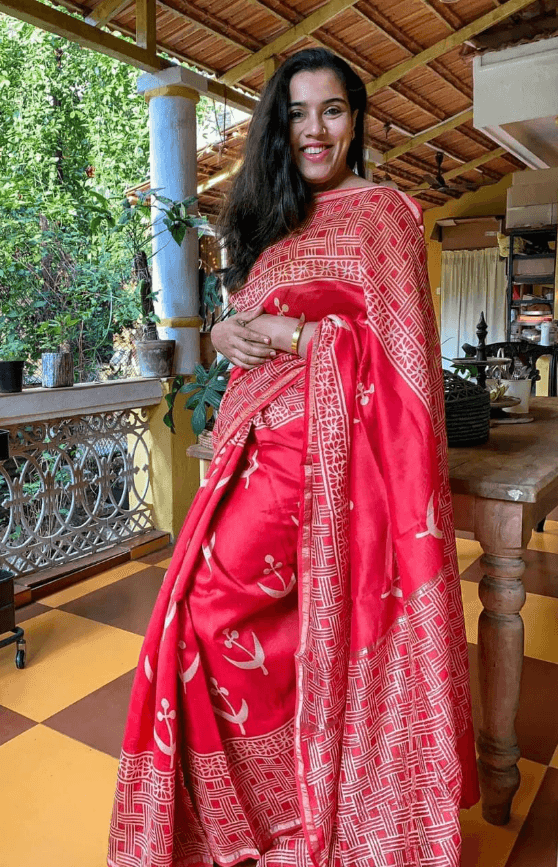 Red Handblock Printed Chanderi Saree - S31 Label Veena