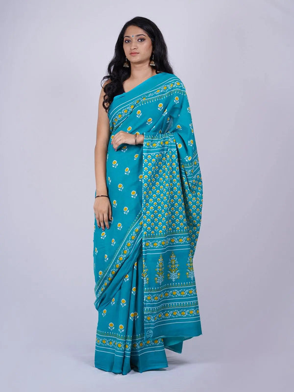 Soft Cotton Blue Hand Block Print Saree- S12 Label Veena