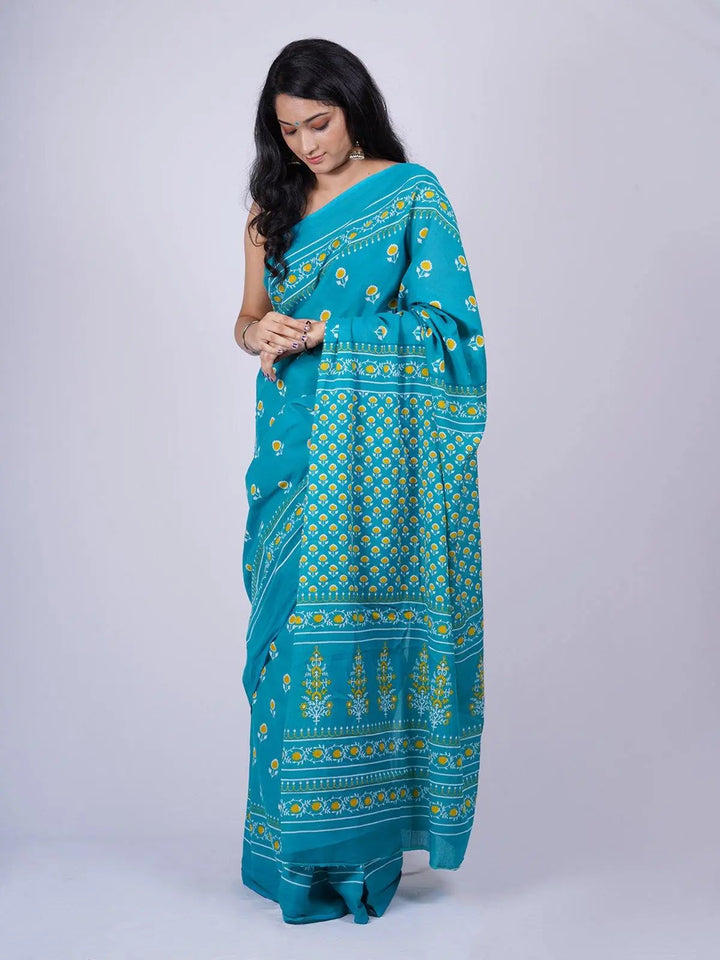 Soft Cotton Blue Hand Block Print Saree- S12 Label Veena