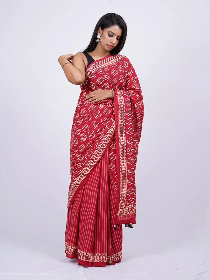 Soft Cotton Voile Red Handblock Print Saree - S5 Label Veena