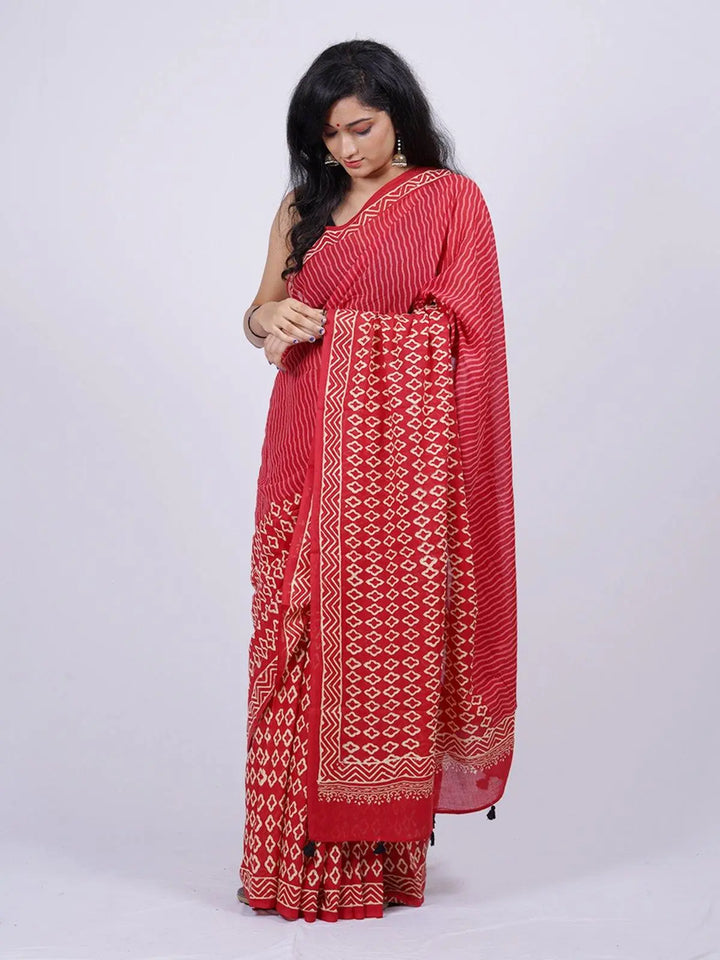 Soft Cotton Voile Red Handblock Print Saree- S7 Label Veena