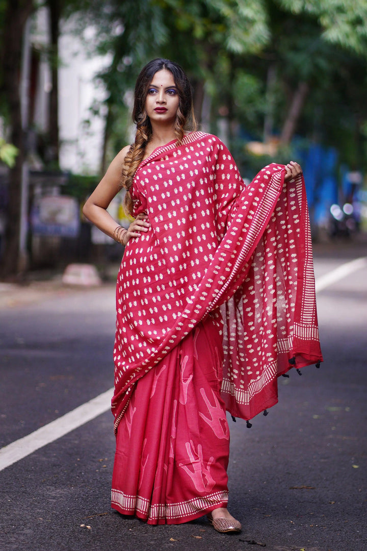 Soft Cotton Voile Red Palm Handblock Print saree - S1 Label Veena