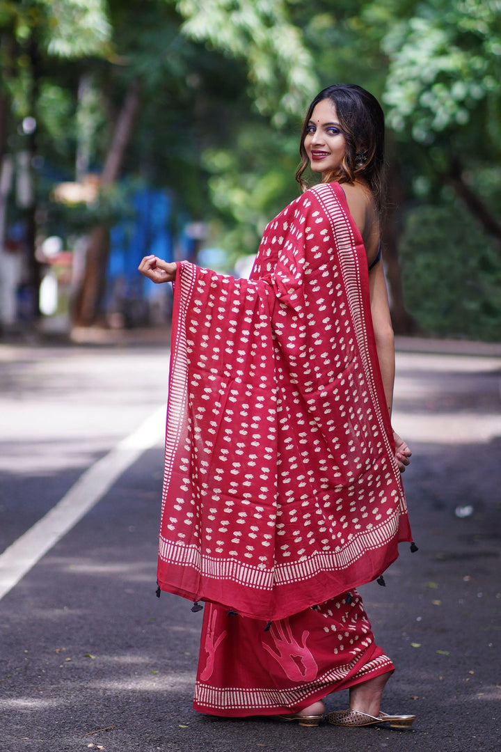 Soft Cotton Voile Red Palm Handblock Print saree - S1 Label Veena