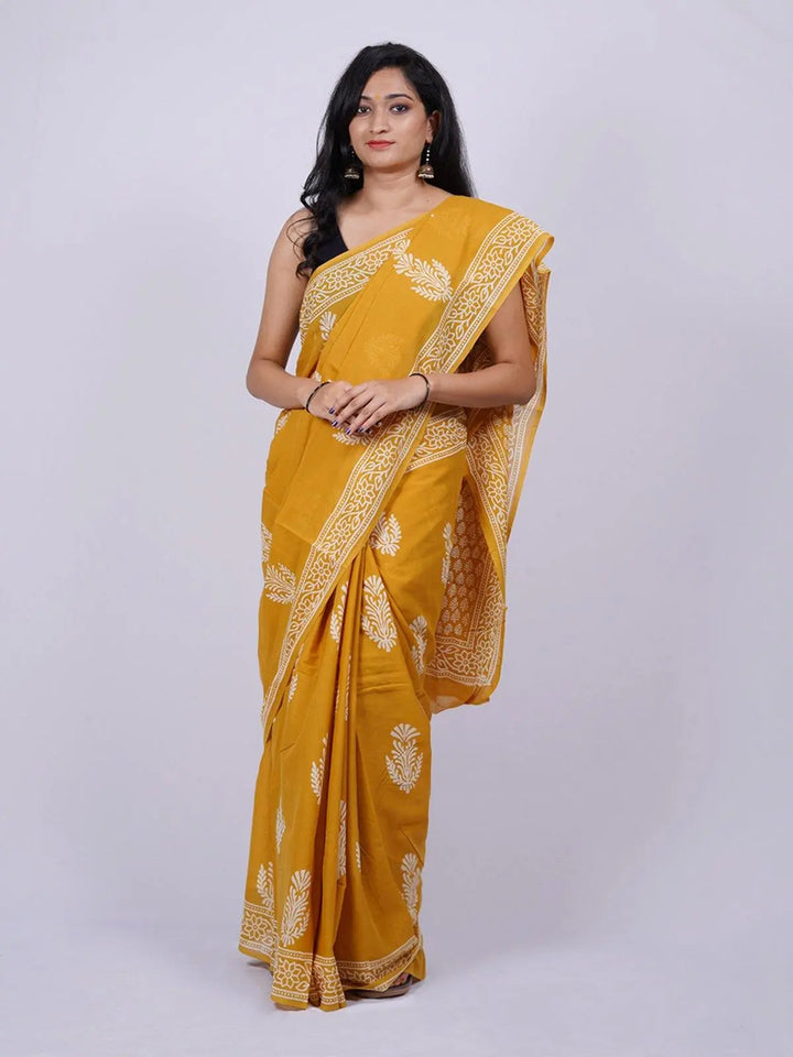 Soft Cotton Voile Yellow Handblock Print Saree - S11 Label Veena