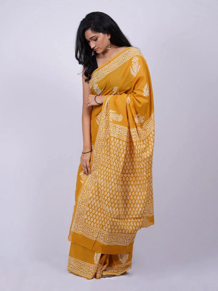 Soft Cotton Voile Yellow Handblock Print Saree - S11 Label Veena