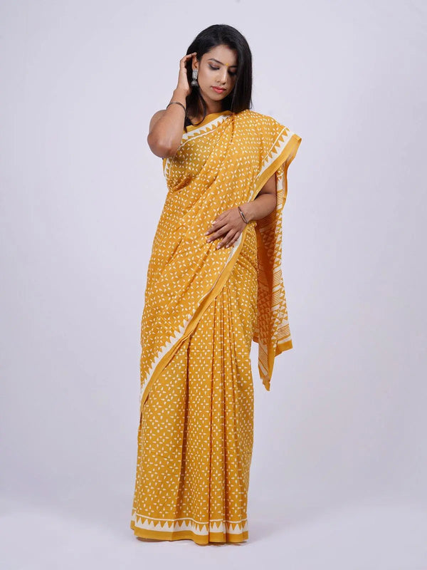 Soft Cotton Voile Yellow Handblock Print Saree - S4 Label Veena