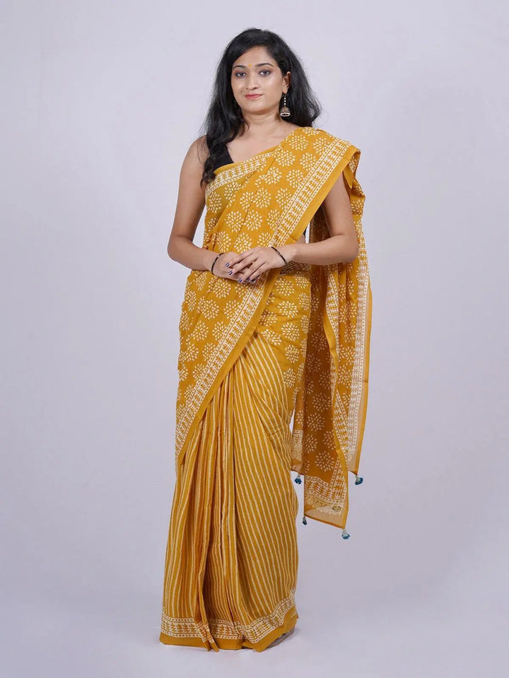 Soft Cotton Voile Yellow Handblock Print Saree - S6 Label Veena