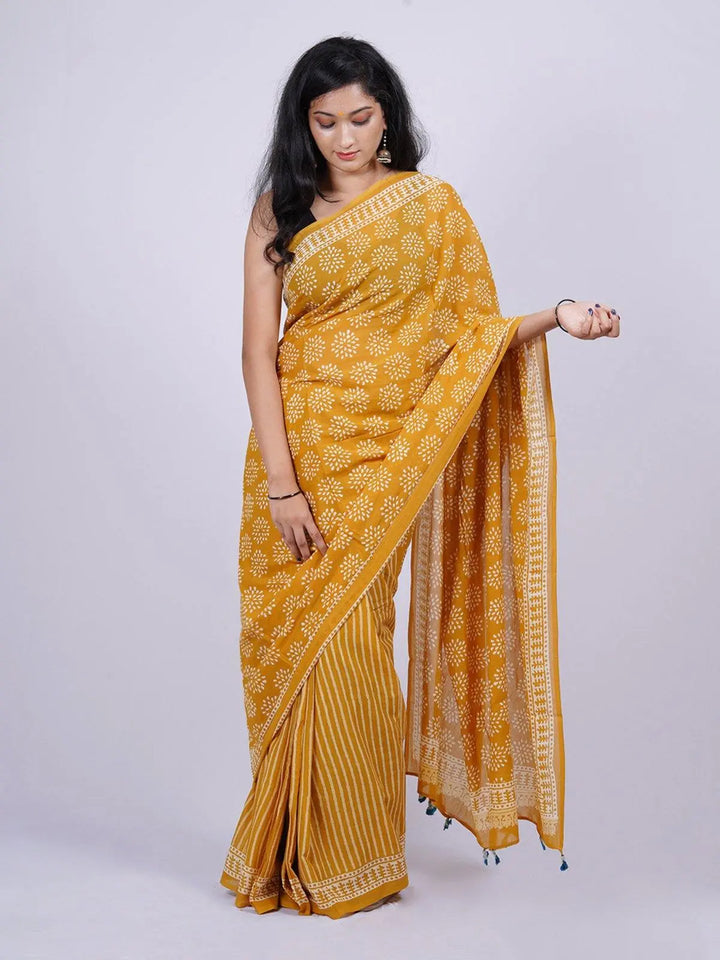 Soft Cotton Voile Yellow Handblock Print Saree - S6 Label Veena