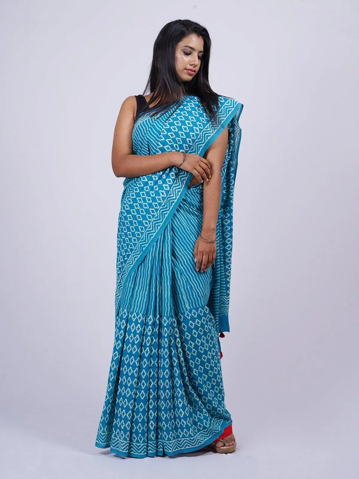 Soft Voile Cotton Blue Handblock Print Saree - S8 Label Veena