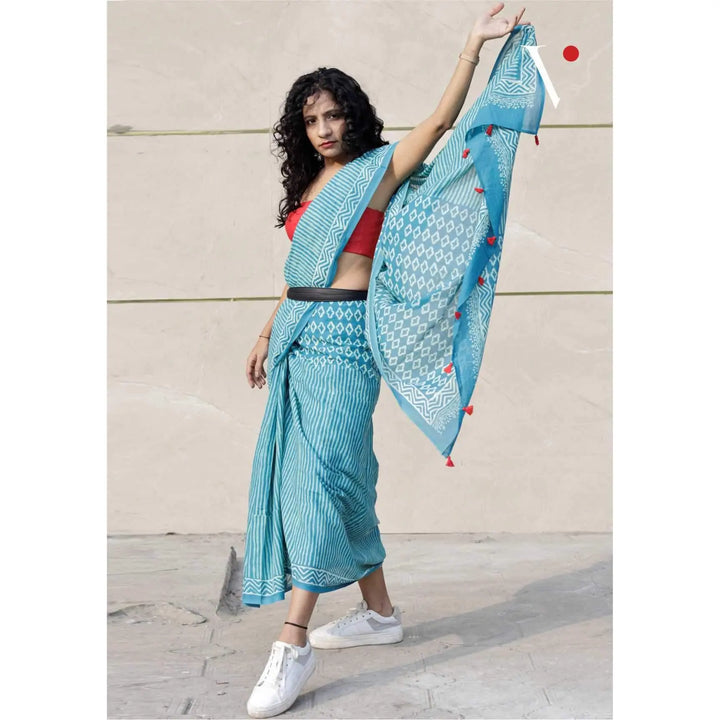 Soft Voile Cotton Blue Handblock Print Saree - S8 Label Veena