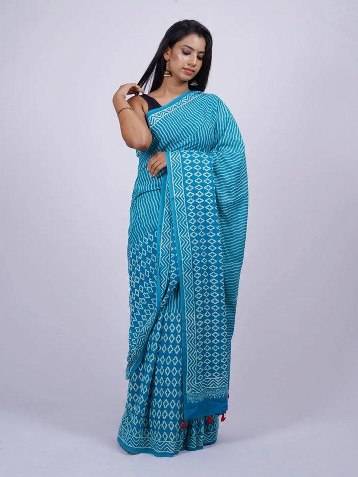 Soft Voile Cotton Blue Handblock Print Saree - S8 Label Veena