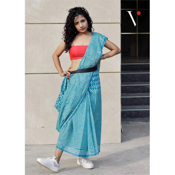 Soft Voile Cotton Blue Handblock Print Saree - S8 Label Veena