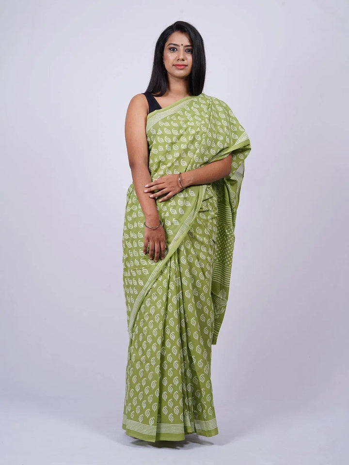 Soft Voile Cotton Green Handblock Print Saree - S10 Label Veena