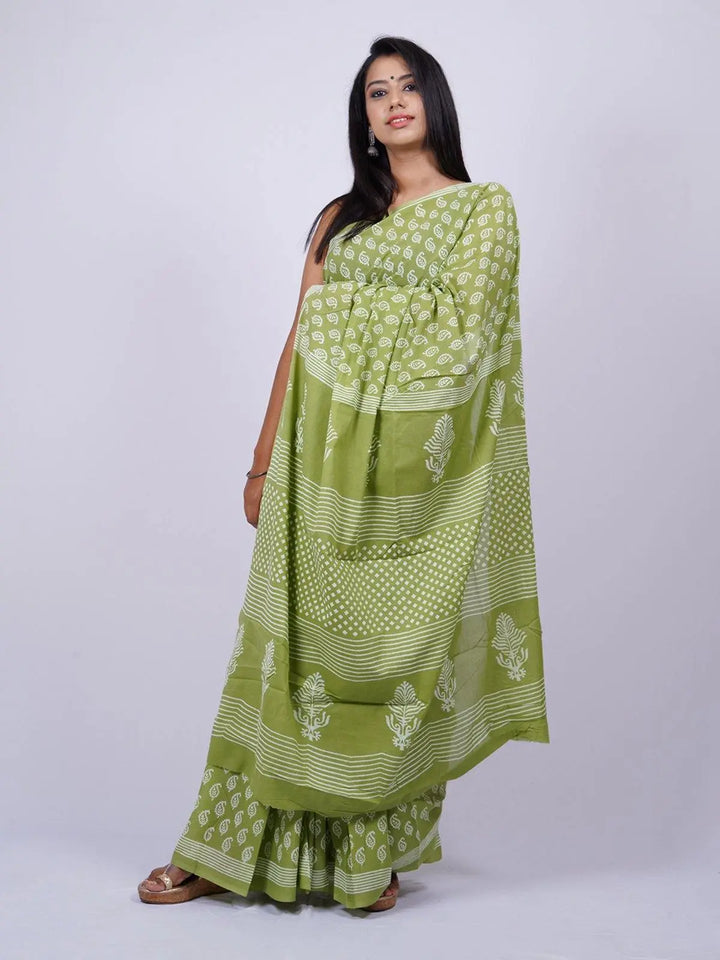 Soft Voile Cotton Green Handblock Print Saree - S10 Label Veena