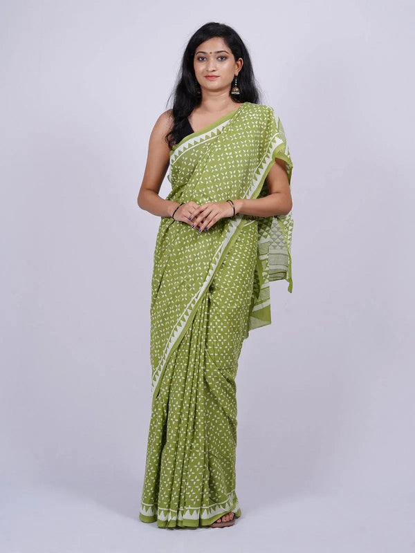 Soft Voile Cotton Green Handblock Print Saree - S3 Label Veena