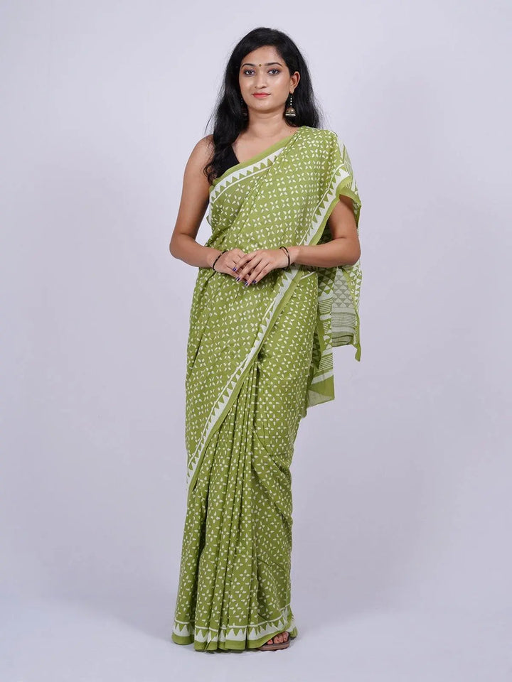 Soft Voile Cotton Green Handblock Print Saree - S3 Label Veena