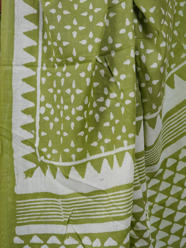 Soft Voile Cotton Green Handblock Print Saree - S3 Label Veena