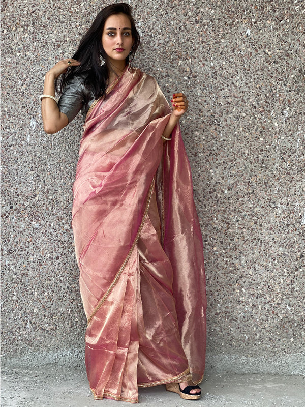 Peach Pink Tissue Silk Saree - S87