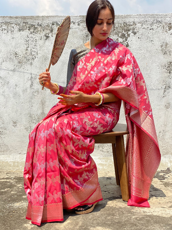 Rustic Red Pure Butter Crepe Banarasi Silk Handloom Saree - S92