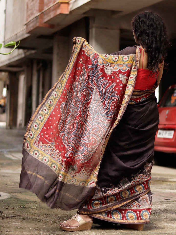 Pebble Black Chanderi Cotton Hand-Painted Saree - S74 Label Veena