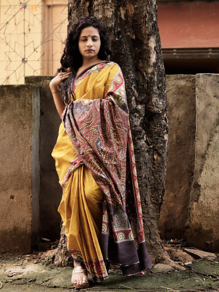 Turmeric Yellow Hand Painted Pure Cotton Saree - S76 Label Veena