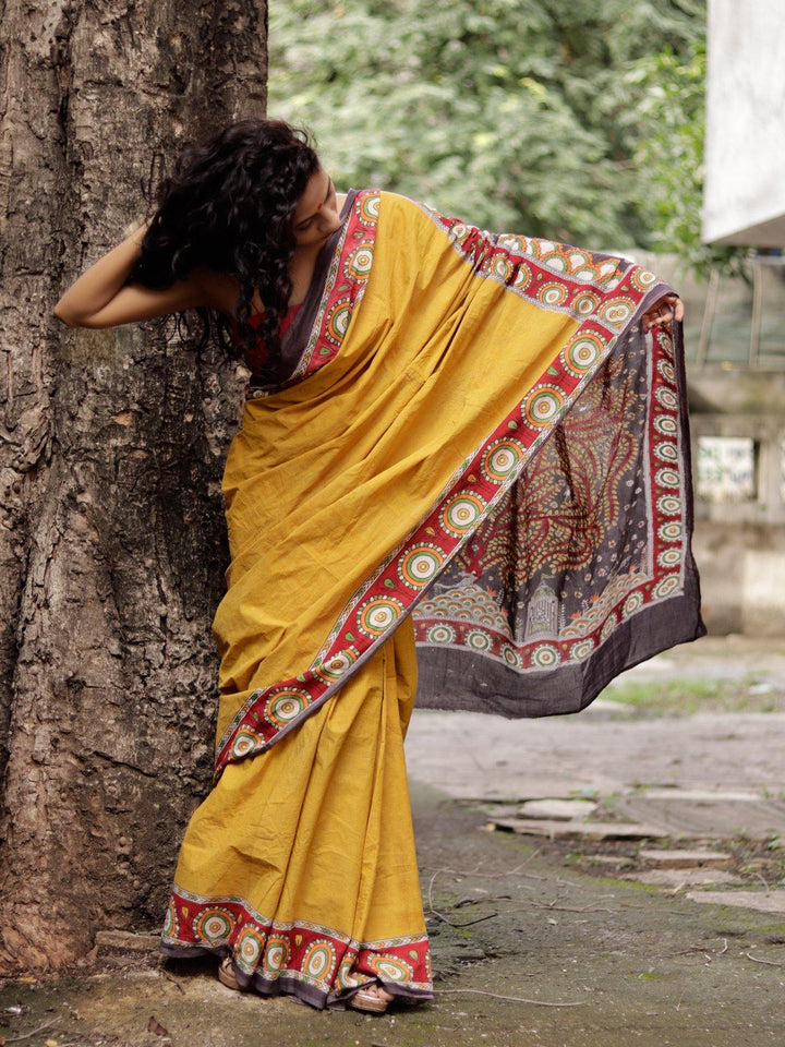 Turmeric Yellow Hand Painted Pure Cotton Saree - S76 Label Veena